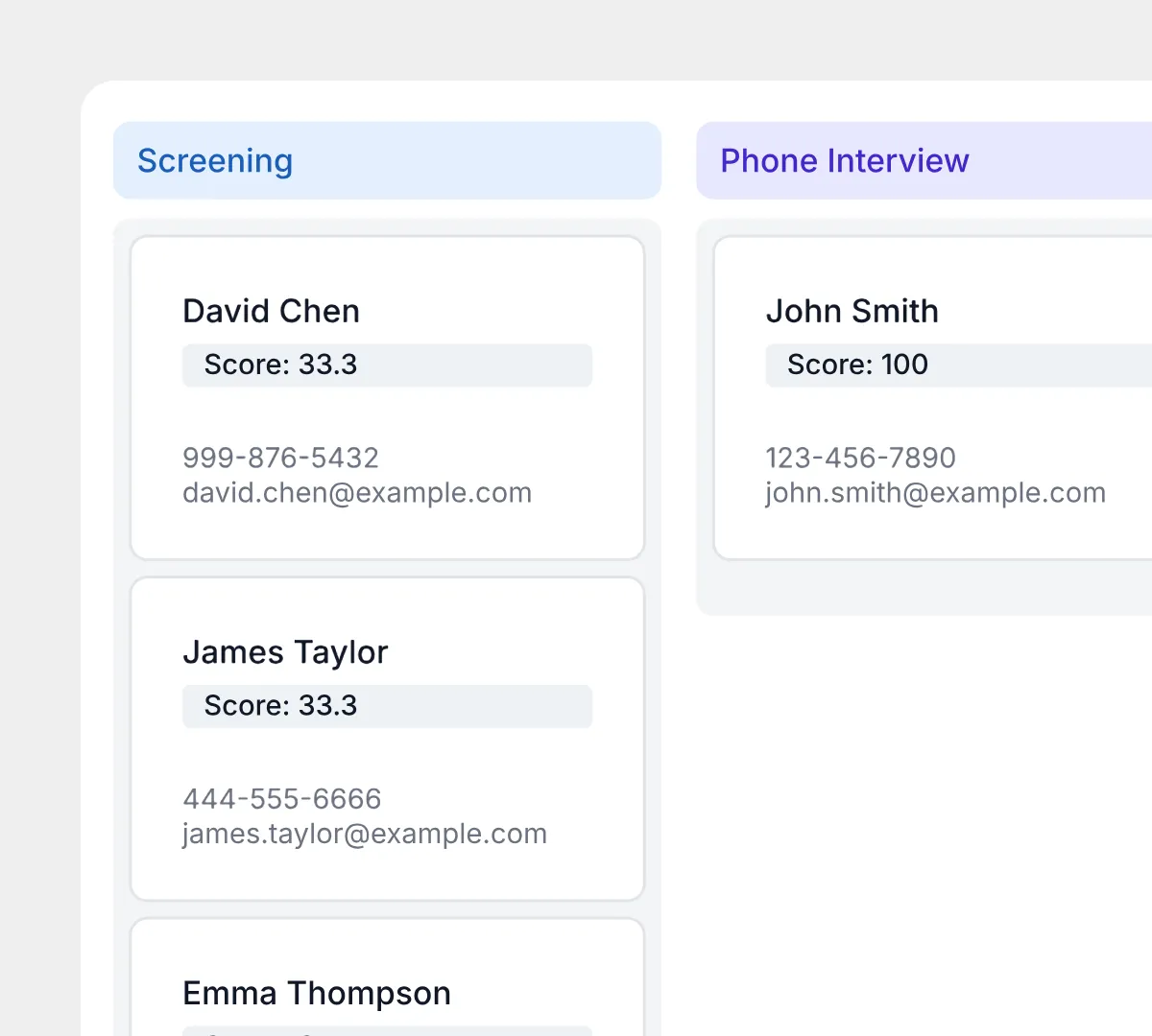 Hiring tracker kanban board with candidates grouped by stage