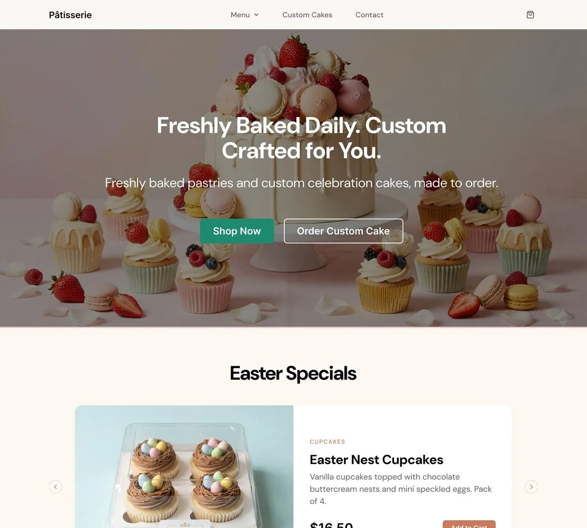 Bakery homepage hero with a celebration cake and cupcakes