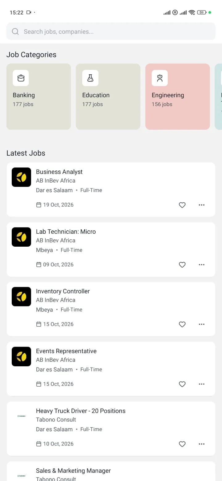Dproz home feed with job categories and the latest jobs
