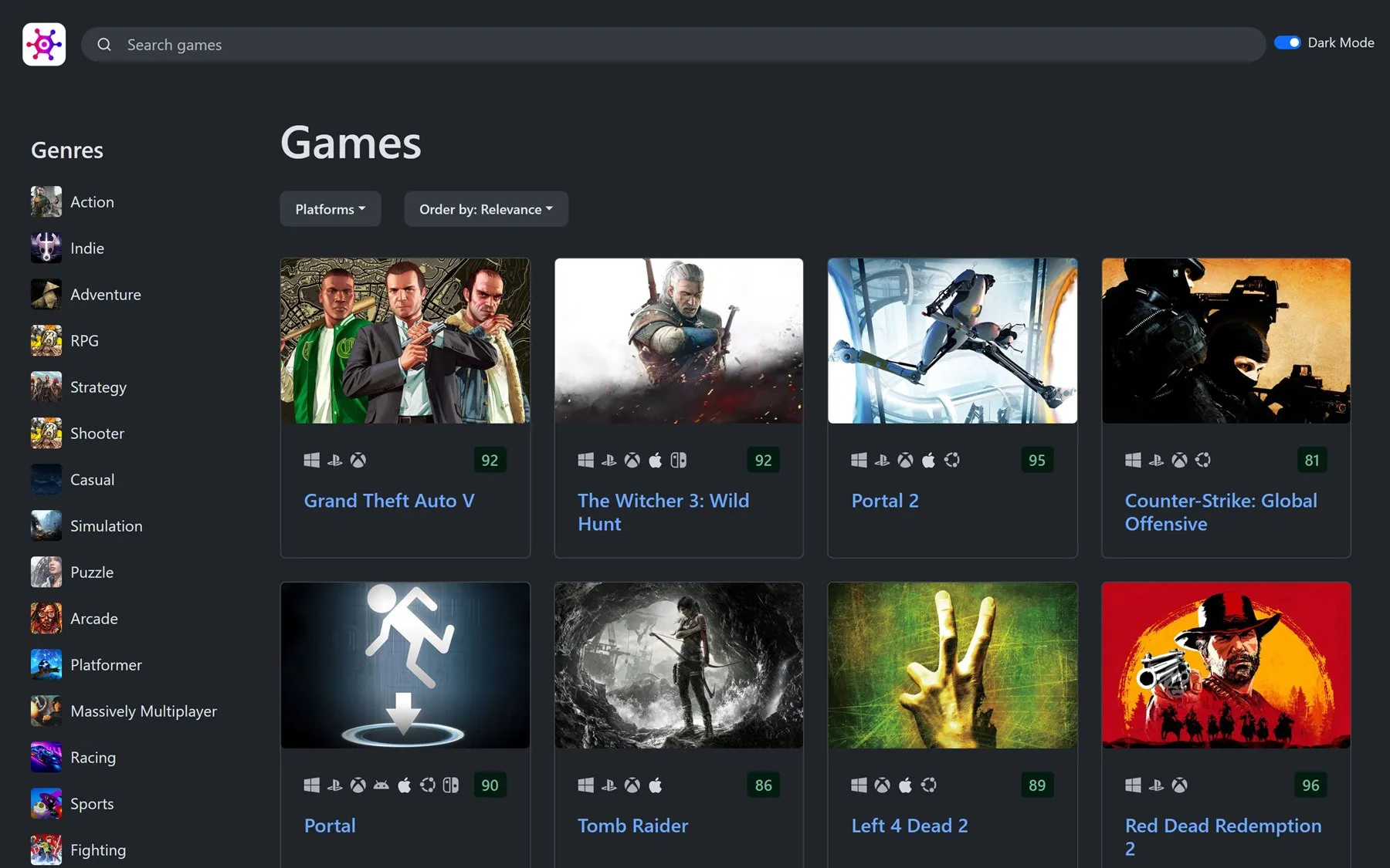 Game Hub's game grid, with genres down the side
