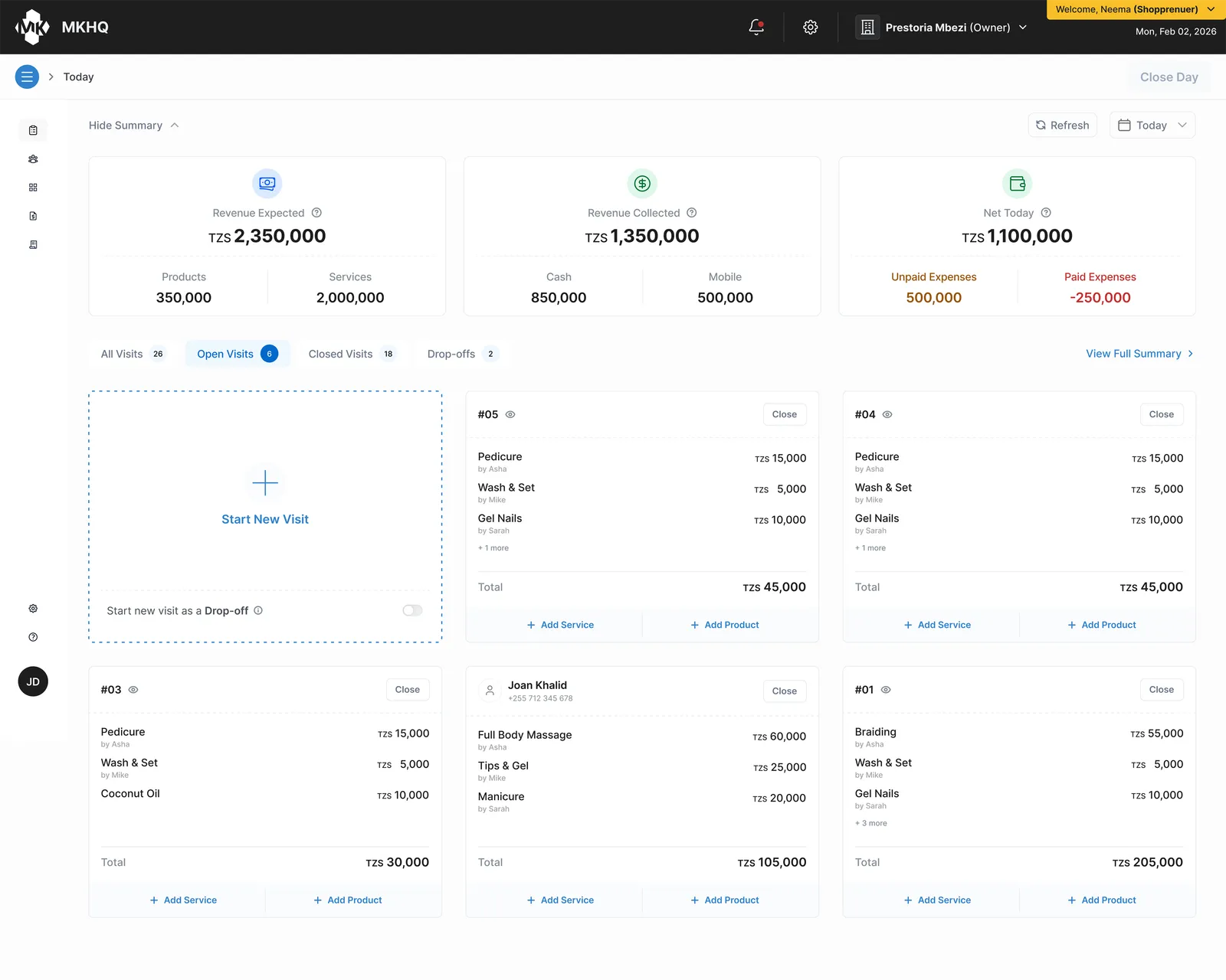 ShopXray's Today page with the day's revenue and its open visits, each listing services and a total