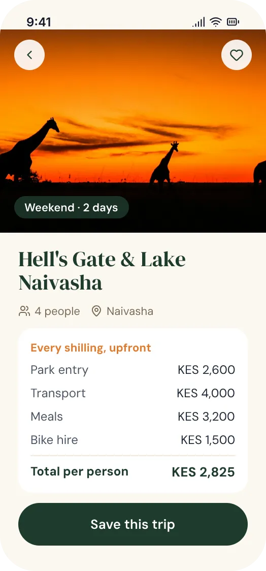 Safari Spirits trip to Hell's Gate and Lake Naivasha with every cost listed